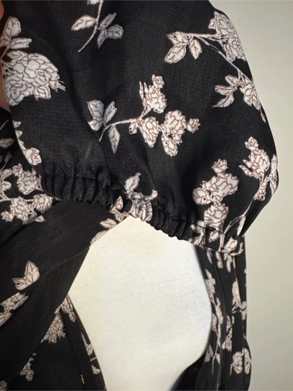 Black Floral Tie-Front Blouse with Ivory Print - Picture 3 of 4